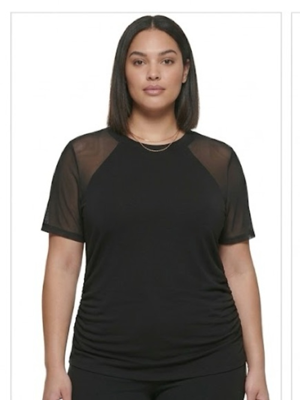 DKNY Shoulder Mesh Ruched Side Short Sleeve Whimsigoth Minimalist Black Top XL